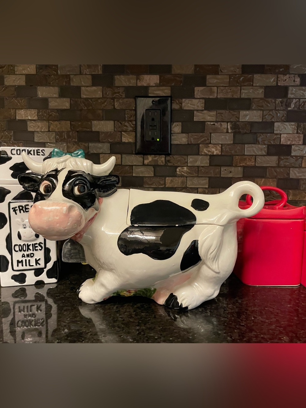 Vintage 90s Ceramic Holstein Cow Cookie Jar Hand Painted Floral Bow Bell
